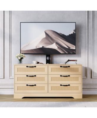 TV Stand with Mount, 47.2" Modern Entertainment Center 6-Drawer Rattan Dresser