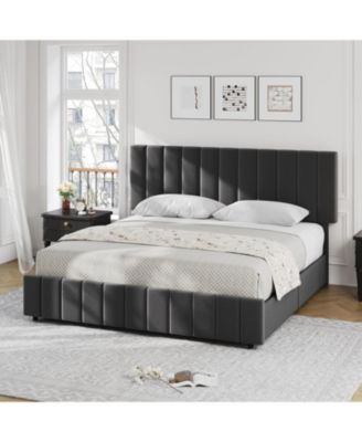 King Upholstered Bed Frame 4 Storage Drawers Adjustable Headboard Wooden Slats Support No Box Spring