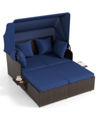 Outdoor Rattan Daybed with Canopy Shade and Side Table Storage