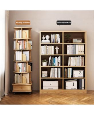 6 Tier Rotating Bookshelf with Drawers On Wheel, 360° Display Spinning Corner Bookcase, Wooden Storage Rack for Study Room