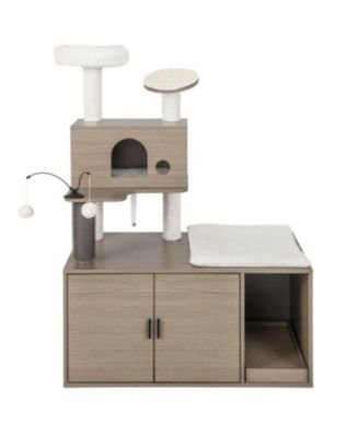 2-in-1 Modern Cat Tower with Litter Box Enclosure, Indoor Cat Furniture with Hidden Washroom & Perch