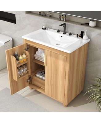 30" Bathroom Vanity with Ceramic Sink, Natural Solid Wood & MDF Cabinet, Adjustable Shelf, Drawer Storage for Modern Bathrooms-Sillysis