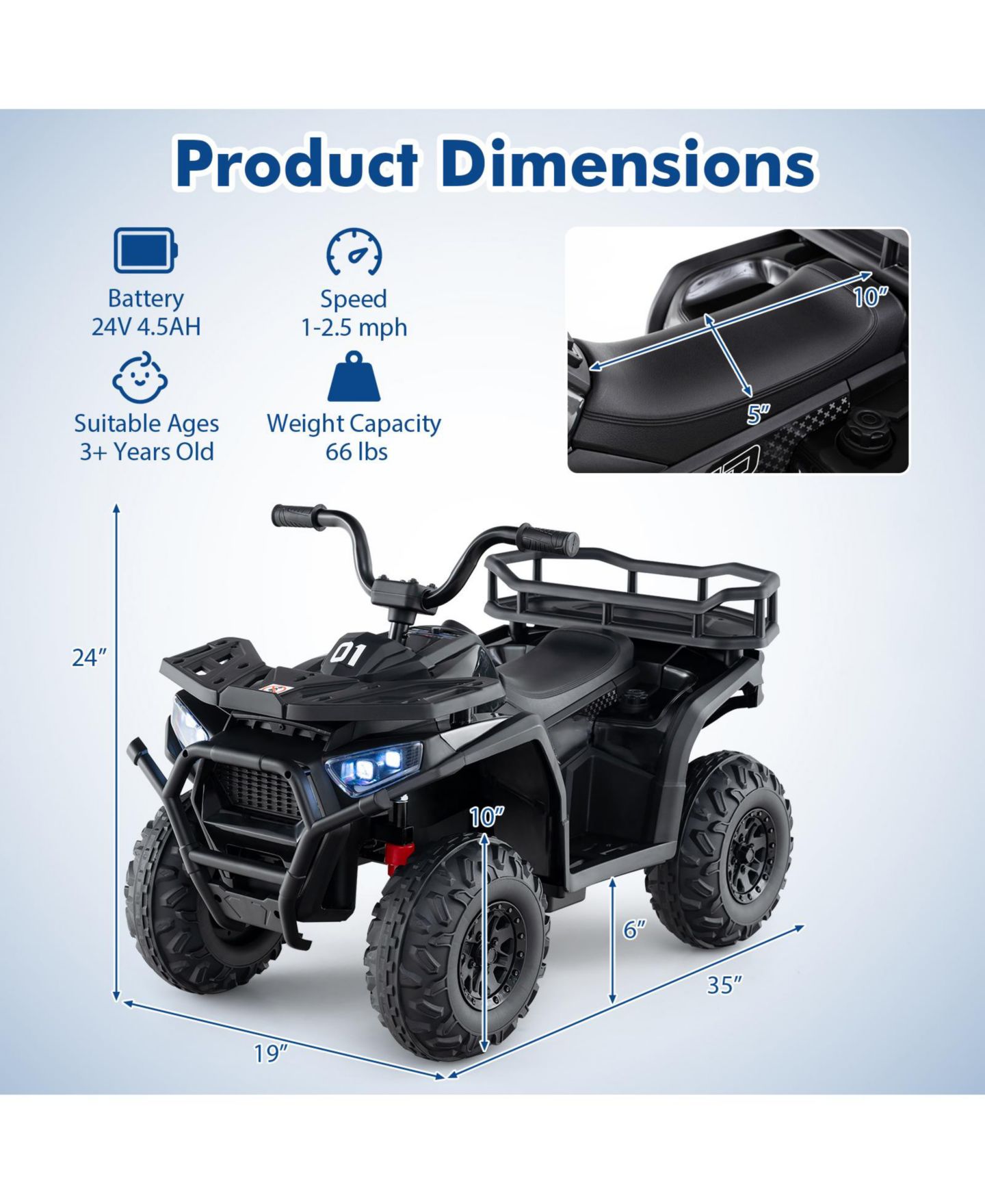 Детская игрушка Slickblue Kids 24V Electric ATV Quad Ride-On with Realistic Sounds, цвет: Чёрный — фото 4