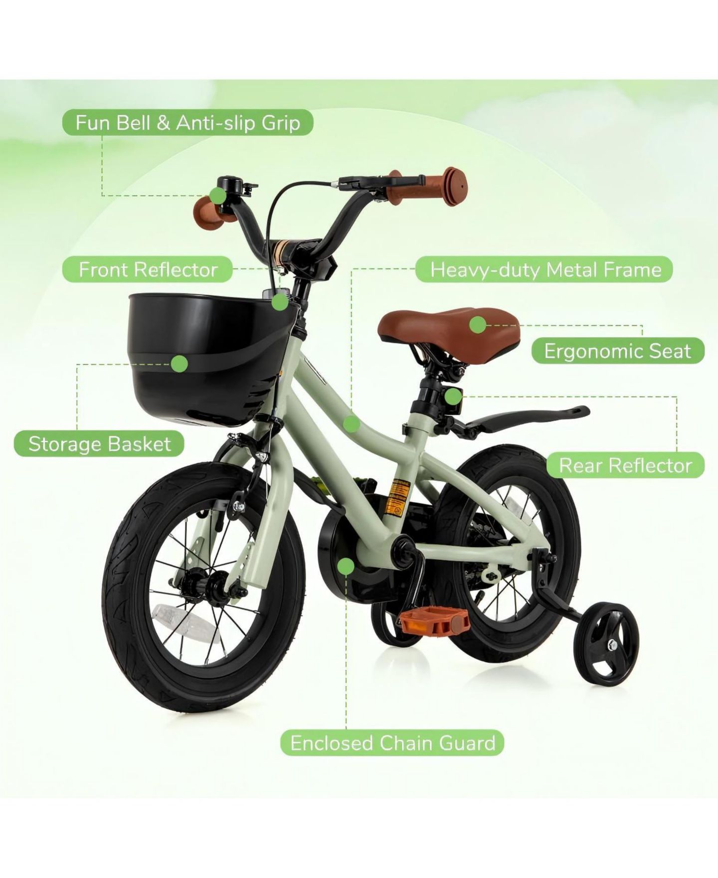 Детская игрушка HONGGE 12 Inch Adjustable Kids' Bike with Training Wheels, Ages 3-4, цвет: Зелёный — фото 6
