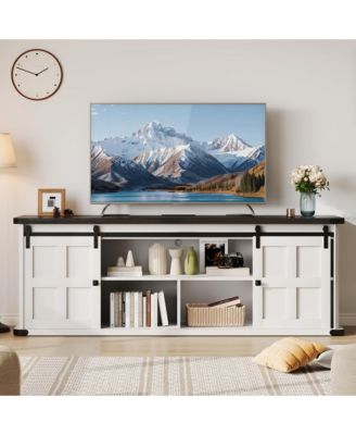 Farmhouse TV Stand for 75 Inch TV, Entertainment Center with Storage Cabinets and Sliding Barn Doors