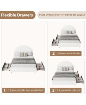 Full Bed Frame Storage Drawers Upholstered Boucle Platform Round Headboard Heavy Duty Noise-Free No Box Spring White