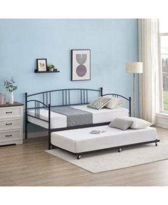 Daybed with Trundle Twin Arched Headboard Metal Day Bed Steel Slat Support SofaBed for Bedroom Living Room