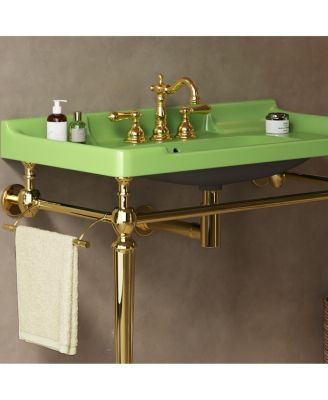36" Bathroom Console Sink with Green Ceramic Vanity, Wall Mounted Basin & Stainless Steel Legs, Towel Bar Included