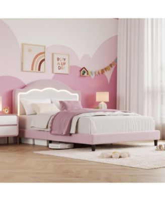 Twin Size Kids Bed with LED Headboard, Plush Sherpa Fabric Upholstery, Slat Support (No Box Spring Needed), Easy Assembly for Boys & Girls