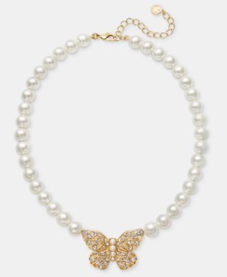 Imitation Pearl Butterfly Pendant Necklace