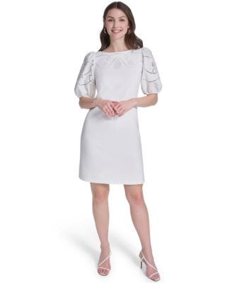 Petite Embroidered Bodice Puff-Sleeve Shift Dress