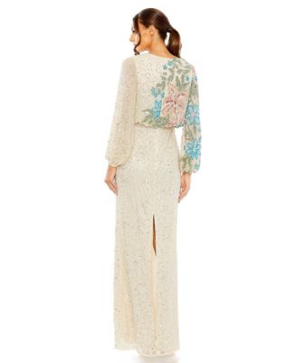 Women's High Neck Blouson Sleeve Sequin Gown