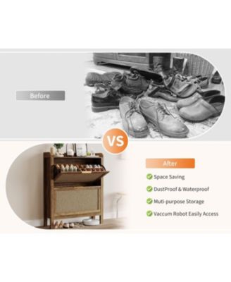 Farmhouse Rattan Shoe Cabinet 32 Inch Narrow Shoe Storage with 2 Flip-Down Drawers Freestanding Entryway Organizer with Adjustable Shelves