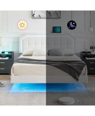  Floating Bed Frame RGB LED Headboard Adjustable Height Upholstered Metal Platform Easy Assembly No Box Spring