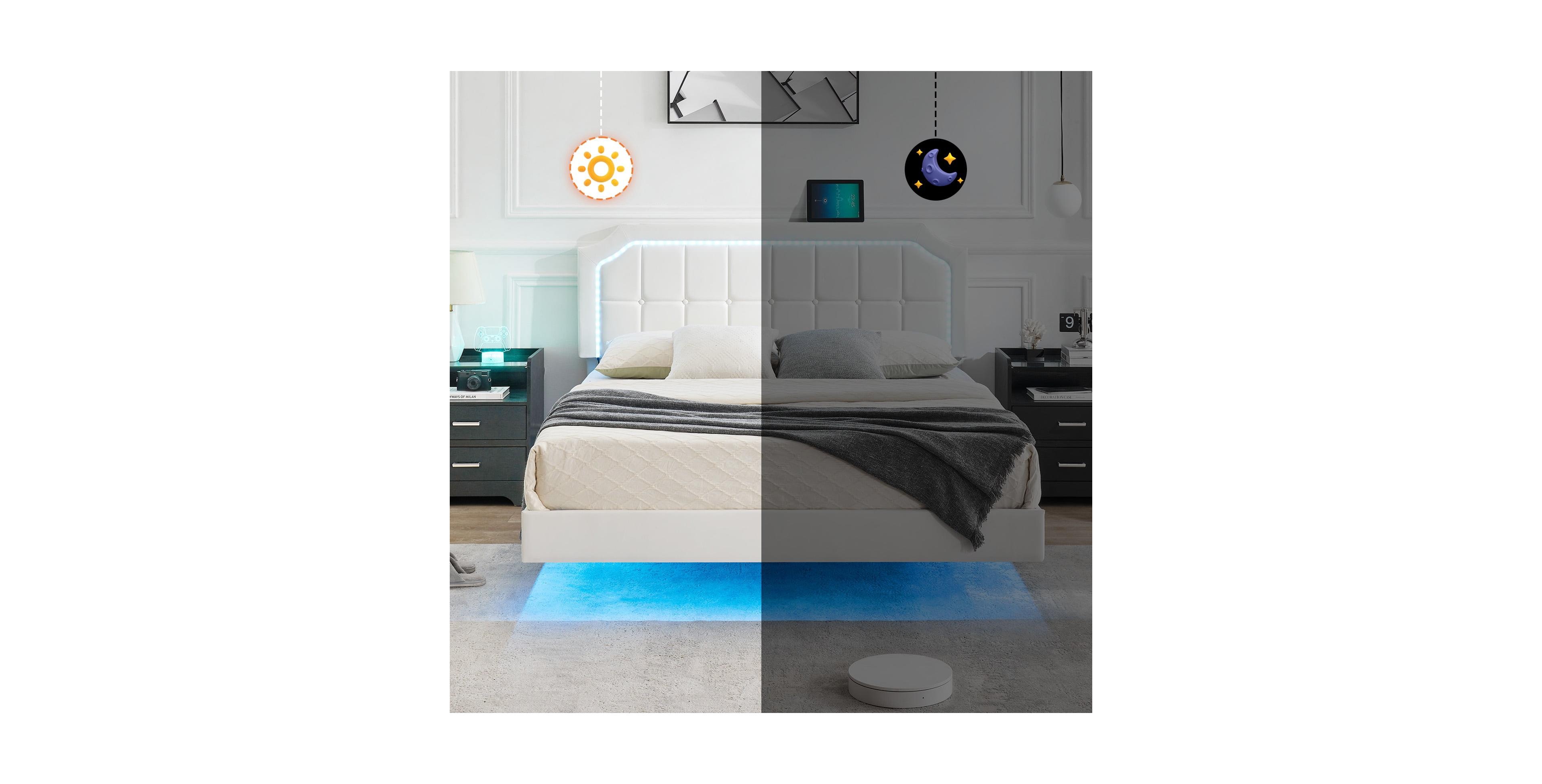gaomon Floating Bed Frame Rgb Led Headboard Adjustable Height Upholstered Metal Platform Easy Assembly No Box Spring