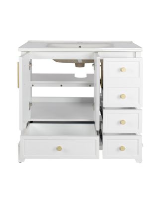 36" Bathroom Vanity with Ceramic Sink, Solid Wood MDF Cabinet, 4 Drawers Ample Storage for Modern Vintage Bathrooms