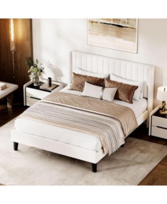 Queen Bed Frame with Vertical Channel Tufted Wingback Headboard, Upholstered Platform Bed Frame with Strong Wooden Slats Support