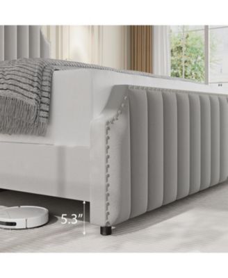 Queen Platform Bed Upholstered Headboard Footboard Strong Wooden Slats No Box Spring Required Light