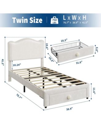 Twin Upholstered Bed Frame 2 Storage Drawers Velvet Princess Platform Double Wavy Headboard Wood Slats No Box Spring