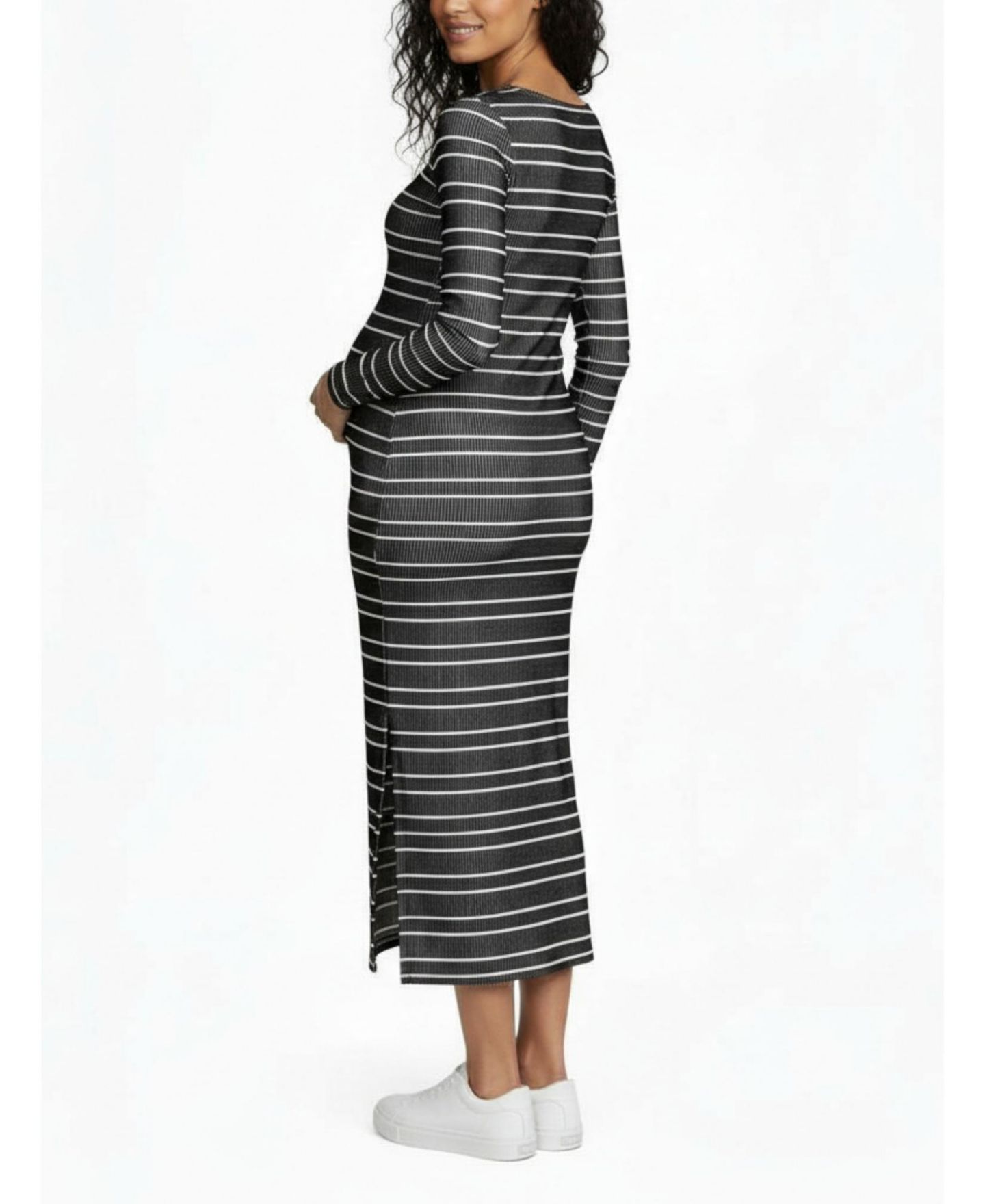 Женское платье Motherhood Maternity Square Neck Rib Knit Long Sleeve Bodycon Maxi Dress - Motherhood, цвет: Чёрный / Белый — фото 2