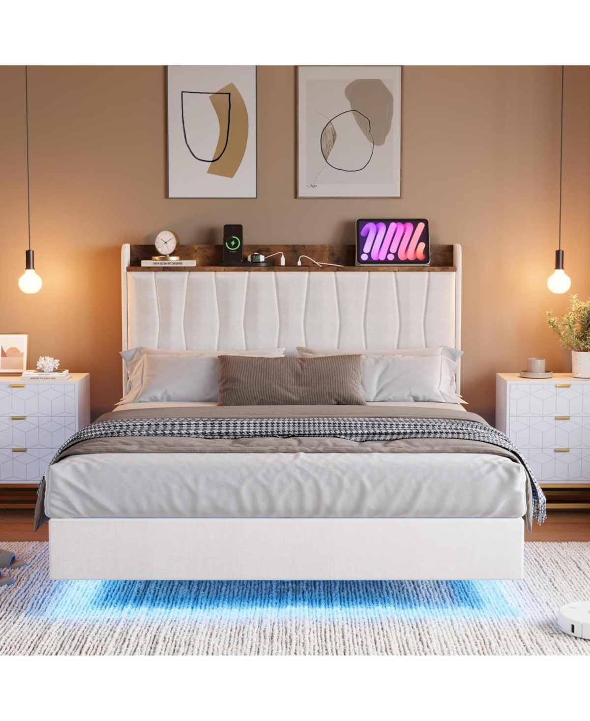 gaomon Floating Bed Frame with Led Lights & Charging Station Upholstered Platform Storage Headboard Wood Slats Support Easy to Assemble