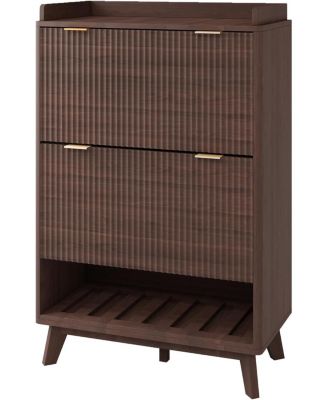 Fluted Shoe Storage Cabinet for Entryway with 2 Flip Drawers and Adjustable Shelves 48 inch Tall Freestanding Narrow Wood Shoe Cabinet