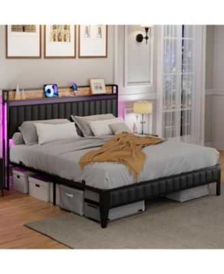 Queen Bed Frame with Charging Station, LED Bed Frame with Storage Headboard, Upholstered Platform Bed Frame, No Box Spring Needed