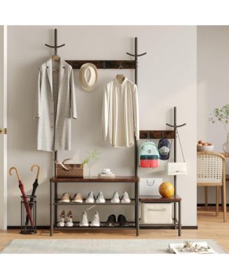 Coat Rack with Shoe Storage Bench with High and Low Seat Design and 6 Hooks for Entryway, Hallways