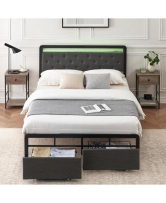 Queen Upholstered Platform Bed Frame LED Headboard 2 Storage Drawers Metal Slats No Box Spring Easy Assembly