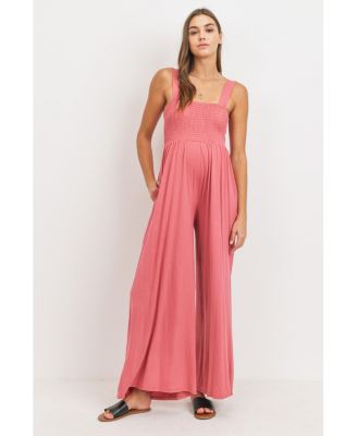 Maternity Sleeveless Smocked Bodice Wide-Leg Jumpsuit with Pockets