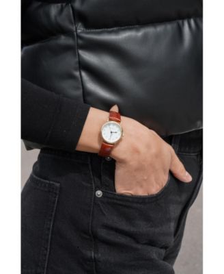 Womens Small Face Easy Read Minimalist Brown Leather Strap Watch