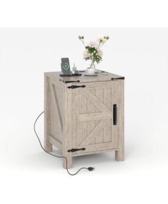 Bedside Table with USB Charging Station  18 Rustic Wooden Bedside Table with Sliding Barn Door, Adjustable Shelf