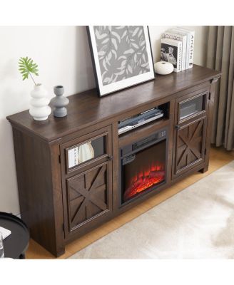 Farmhouse Barn Door TV Stand with Fireplace Insert, Espresso, 60.23"W