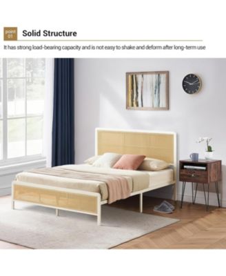  Bed Frame LED Lights Rattan Headboard Heavy Duty Metal Slat Supports Platform Bed Easy Assembly No Box Spring