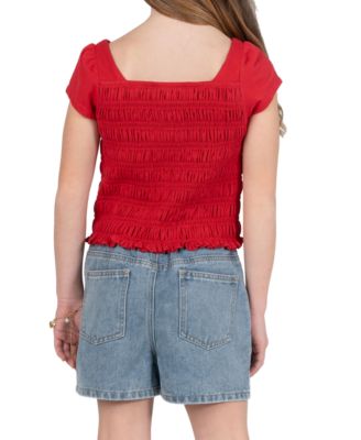 Girls' 7-16 Smocked Top and Cherry Embroidered Denim Short, 3-Piece Set