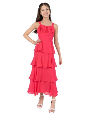 Girls' 7–16 Chiffon Clipdot Ruched Bust Bodice 4-Tier Ruffle Dress