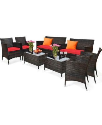 8PCS Patio Rattan Conversation Furniture Set Outdoor w/ Cushion