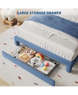 Full Size Kids Bed with LED Headboard, Plush Sherpa Fabric Upholstery, Slat Support (No Box Spring Needed)