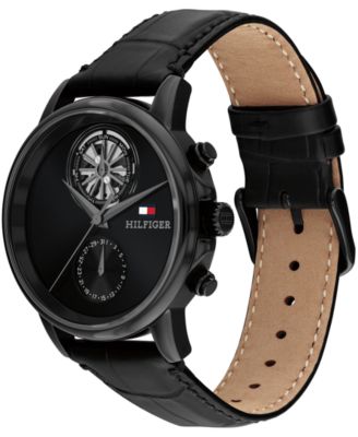 Men's Multifunction Black Leather Strap Watch, 40mm
