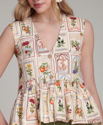 Women's Botanical-Print V-Neck Peplum Top