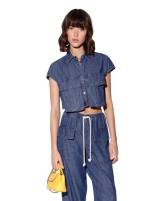 Women's Bryce Cropped Cargo-Pocket Chambray Top
