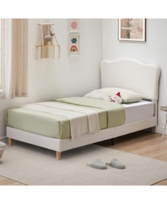 Elegant Upholstered Platform Bed Frame for Kids Girls – Boucle Soft Headboard, Plain Wood Slats, No Box Spring Needed