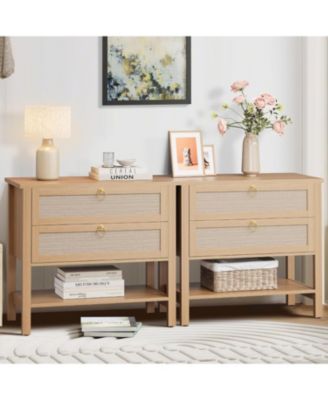 Rattan Nightstand Set of 2, Boho Nightstand with 2 Drawers and Storage Shelf