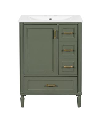 24  Bathroom Vanity with Ceramic Sink, Modern Freestanding Solid Wood MDF Cabinet, 3 Drawers Soft Close Door for Small Spaces-