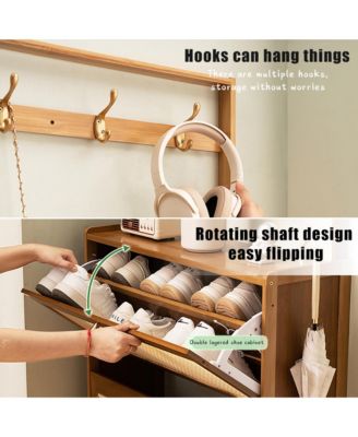 Bamboo Shoe Storage Cabinet, Freestanding Shoe Rack with 3 Rattan Flip Drawers and Coat Hooks for Entryway, Hallway, Closet, Living Room