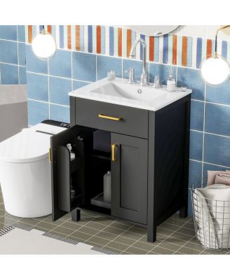 24" Bathroom Vanity with Ceramic Sink, Soft Close Doors, Flip-Top Drawer & Adjustable Shelf for Small Spaces