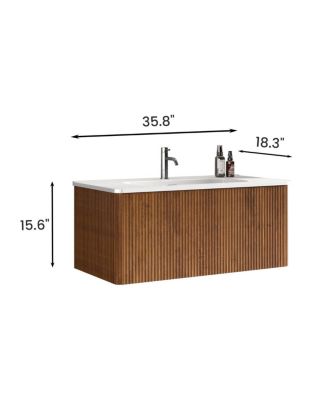 36" Walnut Floating Bathroom Vanity with Integrated Ceramic Sink & Push Open Drawer, Wall Mounted for Modern Bathroom