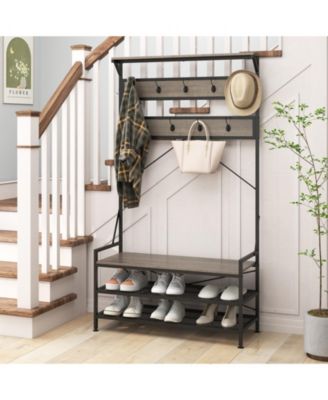 4-in-1 Hall Tree Coat Rack with 11 Hooks and Shoe Bench