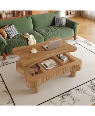 Lift Top Coffee Table - Fluted-Panel Wooden Center Table, Hidden Storage, Silent Hydraulic Lift, Curved Corners for Living Room