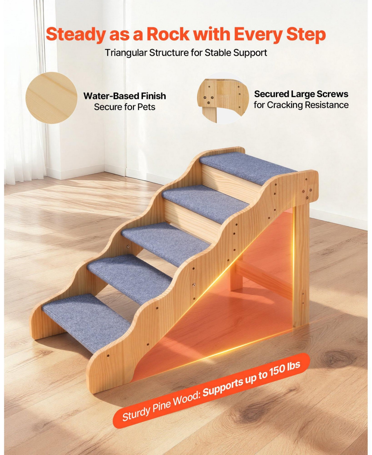 Cozito 5-Step Wooden Pet Stairs with Non-Slip Surface, 150 lb Capacity for Beds and Sofas